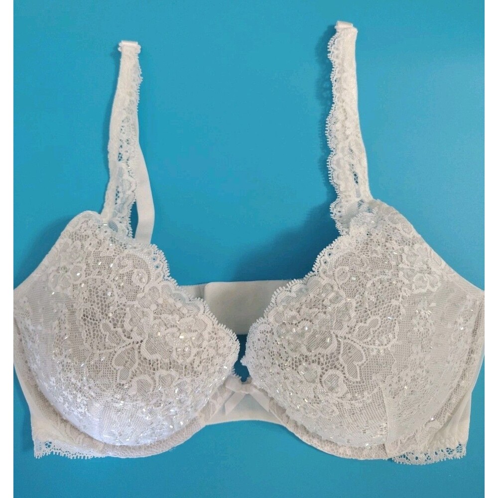 Victoria's Secret Dream Angels Plunge Bra 36D White Lace Lined Underwire Bling